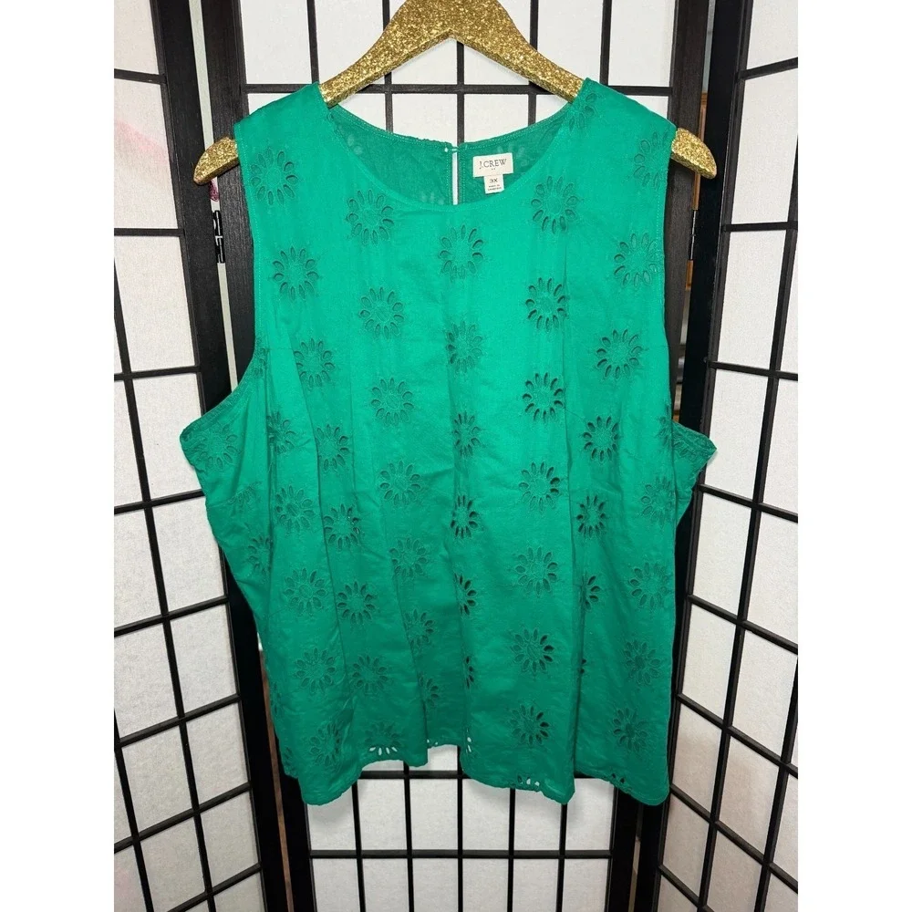 J.CREW‎ Women's Plus 3X Green Floral Eyelet Sleeveless Tank Top